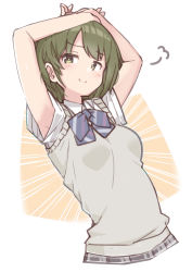 Rule 34 | arms up, azu ankoowl, blouse, blush, bow, bowtie, breasts, commentary, cropped torso, emphasis lines, green eyes, green hair, grey vest, hands on own head, highres, idolmaster, idolmaster shiny colors, looking at viewer, nanakusa nichika, purple bow, purple bowtie, shirt, short hair, short sleeves, simple background, small breasts, smile, smug, solo, striped bow, striped bowtie, striped clothes, symbol-only commentary, vest, white shirt, wing collar