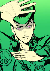 Rule 34 | 1boy, anchor symbol, gakuran, gradient background, green background, heart, higashikata josuke, highres, jojo no kimyou na bouken, long sleeves, looking at viewer, male focus, open hand, partially colored, peace symbol, pin, pompadour, purple eyes, raised eyebrow, school uniform, shaded face, simple background, solo, solo focus, upper body, ven (dai6ten)
