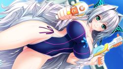 Rule 34 | 1girl, amasaka takashi, aqua eyes, armor, bare shoulders, blush, breasts, cleavage, covered navel, game cg, hair ribbon, holding, large breasts, long hair, looking at viewer, one-piece swimsuit, ribbon, silver hair, smile, solo, swimsuit, tiana havel netherlands, unionism quartet, unionism quartet a-3 days, very long hair, water gun
