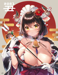 Rule 34 | 1girl, animal print, anzumame, bare shoulders, bikini, bikini top only, blush, breasts, brown hair, cleavage, cow horns, cow print, highres, horns, huge breasts, japanese clothes, kimono, looking at viewer, mole, mole on breast, mole under eye, off shoulder, original, short hair, smile, solo, swimsuit, yellow eyes