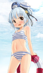 Rule 34 | 1girl, :d, bare arms, bare shoulders, bikini, black ribbon, blue hair, blue sky, blush, breasts, brown eyes, cloud, cloudy sky, commentary request, day, double bun, fang, hair bun, hair ornament, hat, innertube, inyucchi, kantai collection, looking at viewer, mini hat, navel, open mouth, outdoors, ribbon, sailor hat, samuel b. roberts (kancolle), sky, small breasts, smile, solo, star (symbol), star hair ornament, striped bikini, striped clothes, swim ring, swimsuit, tilted headwear, transparent, white hat