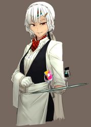 Rule 34 | 1girl, altera (fate), alternate costume, apron, black vest, brown background, collared shirt, commentary, dark-skinned female, dark skin, fate/grand order, fate (series), glass, gloves, google play, grin, hair ornament, hairclip, headband, holding, i-pan, long hair, looking at viewer, necktie, parted lips, ponytail, red eyes, red necktie, shirt, simple background, smile, solo, tray, upper body, vest, waist apron, waitress, white gloves, white hair, white shirt, wing collar
