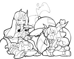 Rule 34 | 3girls, berusuke (beru no su), character request, closed eyes, commentary request, copyright request, crossover, cup, fang, fate/grand order, fate (series), gourd, greyscale, horns, ibuki suika, long hair, long sleeves, low-tied long hair, lying, monochrome, multiple girls, navel, on stomach, oni, open mouth, sakazuki, short hair, shuten douji (fate), sitting, skin-covered horns, sleeveless, touhou, trait connection, very long hair