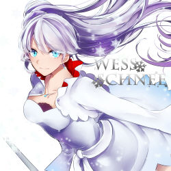Rule 34 | 1girl, absurdres, assa 2, blue eyes, breasts, character name, closed mouth, collarbone, dress, earrings, floating hair, hair between eyes, highres, jewelry, leaning forward, long hair, looking at viewer, medium breasts, necklace, rwby, short dress, shrug (clothing), side ponytail, silver hair, simple background, sleeveless, sleeveless dress, smile, solo, sparkle, strapless, strapless dress, typo, very long hair, weiss schnee, white background, white dress