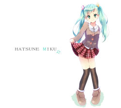 Rule 34 | 1girl, aqua eyes, aqua hair, bad id, bad pixiv id, black socks, cardigan, character name, full body, hatsune miku, highres, kneehighs, loafers, long hair, long sleeves, looking at viewer, plaid, plaid skirt, pleated skirt, school uniform, shoes, skirt, skirt hold, smile, socks, solo, take (office-t), thighhighs, twintails, vocaloid, white background, zettai ryouiki