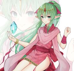Rule 34 | 1girl, bracelet, commentary, commission, cowboy shot, dragonstone, dress, fire emblem, fire emblem: mystery of the emblem, green eyes, green hair, hair ornament, highres, jewelry, long hair, looking at viewer, nintendo, open mouth, pink dress, pixiv commission, pointy ears, ponytail, short dress, side slit, sleeveless, sleeveless dress, smile, solo, tiara, tiki (fire emblem), tiki (young) (fire emblem), yuno ff, zoom layer