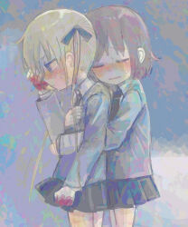 Rule 34 | 2girls, bags under eyes, black necktie, black ribbon, black skirt, blazer, blonde hair, blood, blood on hands, blush, clenched hand, closed eyes, collared shirt, colorful, commentary request, cowboy shot, crying, facing to the side, facing viewer, from side, furrowed brow, grey jacket, hair ribbon, hand up, highres, hug, hug from behind, jacket, kill me baby, long sleeves, looking ahead, multiple girls, necktie, oribe yasuna, pleated skirt, raised eyebrows, ribbon, school uniform, shirt, skirt, sonya (kill me baby), twintails, yasashii naizou
