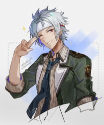Rule 34 | 1boy, chinese commentary, commentary request, crow armbrust, dated, eiyuu densetsu, headband, jacket, looking at viewer, male focus, necktie, one eye closed, portrait, red eyes, salute, saymel679, school uniform, sen no kiseki, short hair, sleeves rolled up, smile, solo, spiked hair, thors military academy school uniform, twitter username, two-finger salute, uniform, upper body, white hair