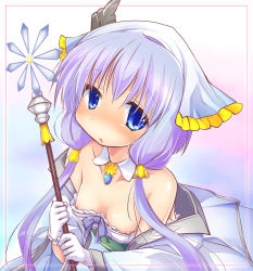 Rule 34 | 1girl, blue eyes, breasts, detached collar, embarrassed, flower knight girl, gloves, highres, holding, holding wand, izumi yukiru, long hair, looking at viewer, nipple slip, nipples, silver hair, small breasts, solo, twintails, upper body, wand, wardrobe malfunction, white gloves, yomena (flower knight girl)