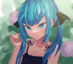 Rule 34 | 1girl, absurdres, aqua eyes, aqua hair, bare shoulders, black bow, black dress, blurry, blurry background, blush, bow, collarbone, dress, flower, frilled dress, frills, hair bow, hand up, hatsune miku, highres, long hair, rerendi, sketch, smile, solo, spaghetti strap, twintails, vocaloid