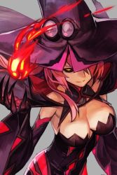 Rule 34 | 1girl, bare shoulders, black sclera, blazblue, breasts, cleavage, colored sclera, detached sleeves, fire, fire, grey background, hand up, hat, hat over one eye, hungry clicker, konoe a. mercury, large breasts, long hair, looking at viewer, pink hair, simple background, smile, solo, wide sleeves, witch hat, yellow eyes