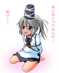 Rule 34 | 1girl, bound, female focus, fourth wall, grey eyes, hat, hat ribbon, ichimi, japanese clothes, kariginu, mononobe no futo, open mouth, ponytail, ribbon, rope, shirt, silver hair, sitting, skirt, solo, tied up (nonsexual), touhou, translation request