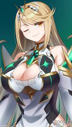 Rule 34 | 1girl, ;), armpit crease, bare shoulders, blonde hair, breasts, chocojax, cleavage cutout, clothing cutout, collarbone, commentary, commission, earrings, english commentary, green background, hair ornament, highres, jewelry, large breasts, long hair, mythra (xenoblade), nintendo, one eye closed, sidelocks, simple background, smile, swept bangs, upper body, xenoblade chronicles (series), xenoblade chronicles 2, yellow eyes