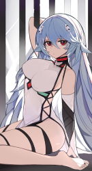 Rule 34 | 1girl, absurdres, adapted costume, alternate hair length, alternate hairstyle, arm up, ayanami rei, bare shoulders, barefoot, blue hair, breasts, bridal gauntlets, covered erect nipples, covered navel, dress, hair between eyes, hair ornament, highres, large breasts, long hair, neon genesis evangelion, parted lips, pelvic curtain, red eyes, shiershishisanfen, sitting, soles, solo, thigh strap, thighs, very long hair, wariza, white dress