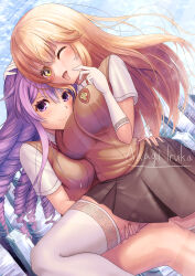 Rule 34 | 2girls, ;p, academy city, airborne, akagi iruka, blonde hair, breast press, breasts, brown sweater vest, carrying, carrying person, commentary request, elbow gloves, gloves, grey skirt, hair between eyes, hand on another&#039;s head, hand on another&#039;s hip, highres, hokaze junko, large breasts, long hair, looking at viewer, loose hair strand, multiple girls, one eye closed, outdoors, pleated skirt, purple eyes, purple hair, ringlets, school emblem, school uniform, shirt, shokuhou misaki, short sleeves, signature, skirt, smile, sparkling eyes, spider web print, summer uniform, sweater vest, thigh gap, toaru kagaku no mental out, toaru kagaku no railgun, toaru majutsu no index, tokiwadai school uniform, tongue, tongue out, white gloves, white shirt, yellow eyes