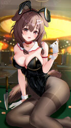 Rule 34 | 1girl, absurdres, animal ears, bare shoulders, black leotard, black pantyhose, blush, bone hair ornament, braid, breasts, brown eyes, brown hair, casino, cleavage, collar, collarbone, detached collar, dog girl, dog tail, fake animal ears, fine fabric emphasis, foot out of frame, gloves, hair between eyes, hair ornament, highres, hololive, indoors, inugami korone, kitchen knife, knife, large breasts, legs, leotard, looking at viewer, no shoes, open mouth, pantyhose, playboy bunny, rabbit ears, red collar, roulette table, side braids, smile, solo, strapless, strapless leotard, table, tail, torakichi 888, twin braids, virtual youtuber, white gloves, wrist cuffs