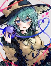 Rule 34 | 1girl, :d, aqua eyes, black hat, blouse, blush, bow, buttons, commentary, diamond button, floral print, frilled shirt collar, frilled sleeves, frills, green hair, green skirt, grey background, hair between eyes, hand up, hat, hat bow, heart, heart of string, holding, komeiji koishi, long sleeves, looking at viewer, medium hair, one-hour drawing challenge, open mouth, rose print, shirt, simple background, skirt, smile, solo, third eye, thorns, touhou, tsurime, upper body, wavy hair, wide sleeves, yellow bow, yellow shirt, yuma (yuuma pants)
