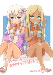 Rule 34 | 2girls, anklet, barefoot, bead anklet, bead bracelet, beads, bikini, blonde hair, blue eyes, blush, bow, bracelet, commission, crossover, dark-skinned female, dark skin, earrings, flat chest, food, hair between eyes, hair bow, ice cream, ice cream cone, idolmaster, idolmaster cinderella girls, jacket, jewelry, kantai collection, layla (idolmaster), long hair, long sleeves, looking at viewer, multiple girls, necklace, official alternate costume, one side up, open clothes, open jacket, pink jacket, polka dot, polka dot bikini, ro-500 (kancolle), sandals, simple background, sitting, skeb commission, someno haru, swimsuit, tan, tanline, tongue, tongue out, twitter username, two-tone background, white bikini, white hair