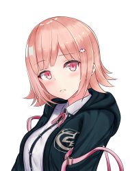 Rule 34 | 1girl, arata (xin), backpack, bad id, bad pixiv id, bag, black hoodie, blush, breasts, closed mouth, commentary request, danganronpa (series), danganronpa 2: goodbye despair, flipped hair, frown, hair ornament, hairclip, highres, hood, hoodie, large breasts, looking at viewer, nanami chiaki, open mouth, pink eyes, pink hair, pink ribbon, ribbon, shirt, short hair, simple background, solo, white background, white shirt