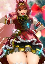 Rule 34 | 1girl, absurdres, animal ears, arm behind back, arm garter, azuki (azuki azukki), bare shoulders, black skirt, black thighhighs, blurry, blurry background, bow, bowtie, breasts, brown hair, christmas tree, commentary request, cowboy shot, daiwa scarlet (scarlet nuit etoile) (umamusume), daiwa scarlet (umamusume), dress, ear covers, fang, fur-trimmed gloves, fur trim, gloves, hair between eyes, hair intakes, hand on own hip, hand up, highres, horse ears, horse girl, long hair, looking at viewer, medium breasts, miniskirt, open mouth, red dress, red eyes, red gloves, short dress, single ear cover, skirt, sleeveless, sleeveless dress, smile, solo, thighhighs, tiara, umamusume