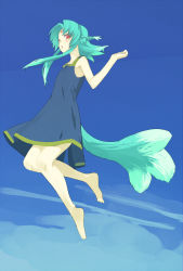 Rule 34 | 1girl, :o, animal ears, barefoot, blue background, blue dress, blue hair, blue sky, cloud, commentary request, day, dress, facial mark, forehead mark, full body, jumping, open mouth, original, outdoors, pen (pen3), red eyes, sky, solo, tail