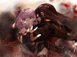 Rule 34 | 2girls, blood, blurry, brown hair, cape, depth of field, fingerless gloves, funi mu9, gloves, hair bun, highres, hololive, long hair, looking at viewer, midriff, multiple girls, original, parted lips, pink eyes, pink hair, sheath, sheathed, sword, tears, torn clothes, virtual youtuber, weapon