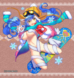Rule 34 | 1girl, animal hands, blue hair, claws, fuji minako, goggles, goggles on headwear, hat, jacket, long hair, long sleeves, navel, open mouth, scarf, smile, snowboard, solo, unmei no clan battle, winter clothes, yellow eyes