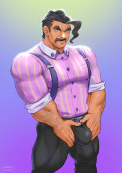 Rule 34 | 1boy, arm hair, bara, black hair, bulge, cerberus arts, collared shirt, creatures (company), crotch grab, dark-skinned male, dark skin, facial hair, feet out of frame, game freak, highres, large pectorals, male focus, mature male, muscular, muscular male, mustache, nintendo, pants, pectorals, pink shirt, pokemon, pokemon sv, saguaro (pokemon), shirt, short hair, sideburns, sleeves rolled up, smile, solo, standing, suspenders, thick eyebrows, thighs, tight clothes, tight pants