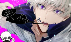 Rule 34 | 1boy, collarbone, facial tattoo, hand up, high collar, highres, inumaki toge, jujutsu kaisen, light particles, looking at viewer, male focus, open mouth, pink background, purple eyes, school uniform, shirt, short hair, short sleeves, silver hair, simple background, sirofuku414, solo, speech bubble, summer uniform, tattoo, teeth, tongue tattoo, tsurime, upper body, upper teeth only, white shirt