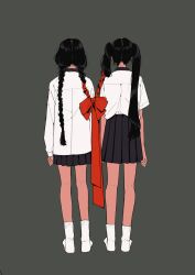 Rule 34 | 2girls, absurdres, arms at sides, black skirt, bow, braid, facing away, from behind, full body, grey background, hair ribbon, highres, intertwined hair, korean commentary, long hair, long sleeves, miniskirt, multiple girls, no shoes, original, pleated skirt, red bow, red ribbon, ribbon, shirt, shirt tucked in, short sleeves, side-by-side, simple background, skirt, socks, spoon tneod, standing, tress ribbon, turtleneck, turtleneck shirt, twin braids, twintails, uneven twintails, very long hair, white shirt, white socks