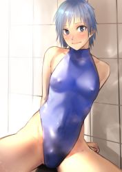 Rule 34 | 1boy, arms behind back, bare shoulders, blue eyes, blue hair, blue one-piece swimsuit, blush, bulge, closed mouth, competition swimsuit, covered erect nipples, crossdressing, highres, kilye kairi, looking at viewer, male focus, medium hair, one-piece swimsuit, original, sitting, solo, spread legs, swimsuit, trap