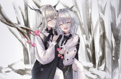 Rule 34 | 0 (znanimo), 2girls, alina (arknights), animal ears, antlers, arknights, bare tree, black dress, black neckerchief, black shirt, carrying, closed eyes, closed mouth, commentary, deer antlers, deer ears, deer girl, dragon horns, dress, grey hair, hair intakes, highres, horns, hug, long hair, long sleeves, multiple girls, neckerchief, open mouth, outdoors, piggyback, pinafore dress, shirt, sleeveless, sleeveless dress, smile, snow, split mouth, symbol-only commentary, talulah (arknights), talulah the fighter (arknights), tree, upper body, white shirt, winter, yuri