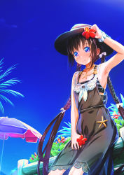 Rule 34 | 1girl, adjusting clothes, adjusting headwear, aiuabo, armpits, beach umbrella, bikini, bikini under clothes, black bikini, black dress, black hair, black hat, black nails, blue eyes, blue sky, bow, braid, commentary request, day, dress, flower, hair bow, hat, hat flower, hibiscus, highres, holding, holding flower, jewelry, lace, lace-trimmed dress, lace trim, long hair, looking at viewer, nail polish, neckerchief, necklace, original, outdoors, red flower, scrunchie, shell, shell necklace, sidelocks, sitting on fence, sky, smile, solo, striped bikini, striped clothes, swimsuit, twin braids, umbrella, very long hair, white background, white bow, white scrunchie, wrist scrunchie