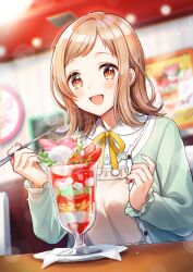 Rule 34 | 1girl, blurry, blurry background, blush, bokeh, brown eyes, brown hair, chair, commentary request, cup, depth of field, dessert, dress, food, frilled sleeves, frills, fruit, green jacket, happy, highres, holding, holding spoon, ice cream, idolmaster, idolmaster shiny colors, jacket, leaf, looking at viewer, medium hair, nail polish, napkin, open mouth, pink dress, pink nails, plate, restaurant, ribbon, sakuragi mano, shinishi chiho, signature, sitting, solo, spoon, strawberry, sundae, table, watermark, yellow ribbon