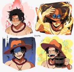 Rule 34 | 1boy, absurdres, alcohol, angry, bead necklace, beads, beer, black hair, closed eyes, cowboy hat, embarrassed, fire, freckles, hat, highres, jewelry, kameoka908, laughing, log pose, male focus, necklace, one piece, portgas d. ace, smile, solo, tattoo, topless male