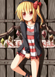Rule 34 | 1girl, alternate costume, blonde hair, blush, bow, casual, contemporary, dress, female focus, flandre scarlet, hair bow, hood, hooded jacket, jacket, ominaeshi (takenoko), open clothes, open jacket, red eyes, side ponytail, solo, striped clothes, striped dress, touhou, wings