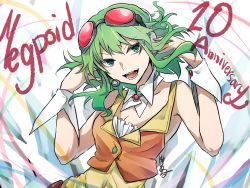 Rule 34 | 1girl, anniversary, bare shoulders, breasts, brooch, cleavage, commentary, detached collar, goggles, goggles on head, green eyes, green hair, gumi, hands on headphones, headphones, headset, highres, jewelry, katai uji, open mouth, orange vest, red goggles, shirt, sideways glance, signature, sleeveless, sleeveless shirt, small breasts, smile, solo, tsurime, upper body, v-shaped eyebrows, vest, vocaloid, wrist cuffs, yellow shirt