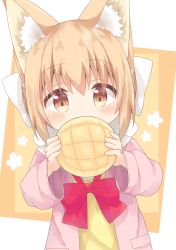 Rule 34 | 1girl, absurdres, animal ear fluff, animal ears, blush, bow, bread, brown eyes, commentary request, covered mouth, food, hair between eyes, hair bow, highres, holding, holding food, jacket, light brown hair, long sleeves, looking at viewer, melon bread, nakkar, open clothes, open jacket, original, pink jacket, red bow, sidelocks, solo, sweater, upper body, white bow, wide sleeves, yellow sweater