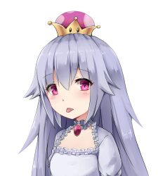 Rule 34 | 1girl, breasts, cleavage, crown, danraz0r, dress, elbow gloves, gloves, hair between eyes, highres, long hair, looking at viewer, luigi&#039;s mansion, mario (series), new super mario bros. u deluxe, nintendo, personification, princess king boo, small breasts, solo, super crown, upper body, white dress, white gloves
