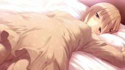 Rule 34 | 1girl, bed, blush, brown hair, game cg, lying, nanatsu no fushigi no owaru toki, on bed, pajamas, pillow, short hair, solo, sweat, toochika misaki, ueda ryou