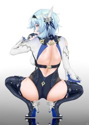 Rule 34 | 1girl, absurdres, ass, black footwear, black hairband, blue hair, boots, breasts, eula (genshin impact), from behind, full body, genshin impact, gradient background, grey background, hair ornament, hairband, hand up, high heel boots, high heels, highres, leotard, looking at viewer, looking back, medium breasts, no bra, purple eyes, reflection, simple background, solo, spurs, squatting, thigh boots, thighhighs, wide sleeves, yiler
