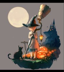 Rule 34 | 1girl, black cat, braid, broom, cat, female focus, full moon, hat, jack-o&#039;-lantern, lantern, letterboxed, moon, mullmull02, original, solo, standing, witch, witch hat