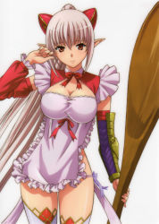 Rule 34 | 10s, 1girl, absurdres, aldra (queen&#039;s blade), breasts, brown eyes, cleavage, female focus, highres, large breasts, long hair, looking at viewer, pointy ears, queen&#039;s blade, queen&#039;s blade rebellion, queen&#039;s blade vanquished queens, scan, shiny skin, silver hair, smile, solo, standing