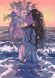 Rule 34 | 1girl, absurdres, arms up, blue ribbon, bouquet, brown hair, buchi (qooo003), capelet, closed eyes, closed mouth, commentary request, crying, earrings, flower, from side, highres, holding, holding bouquet, jewelry, long hair, ocean, orange sky, original, outdoors, partially submerged, petals, pleated skirt, profile, ribbon, rose, rose petals, see-through, see-through sleeves, shell, shell earrings, skirt, sky, solo, sunset, waves, white capelet, white skirt