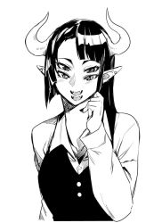 Rule 34 | 1girl, :d, asymmetrical hair, commentary request, creepy, earrings, extra eyes, extra mouth, fangs, fukumaaya, greyscale, high collar, horns, jewelry, long hair, looking at viewer, monochrome, open mouth, original, pointy ears, slit pupils, smile, solo, stud earrings, upper body