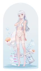 Rule 34 | 1girl, aqua background, arm behind back, blunt bangs, blush, bra, bubble, curly hair, envelope, finger to mouth, fish, full body, garter straps, goldfish, gradient background, grey eyes, highres, hourglass, lace, lace-trimmed legwear, lace-trimmed thighhighs, lace bra, lace panties, lace trim, no shoes, original, panties, peter pan (adtc7243), plate, solo, standing, thighhighs, tiptoes, underwear, white bra, white hair, white panties, white thighhighs