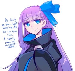 Rule 34 | 1girl, black coat, blue eyes, blue ribbon, coat, english text, fate/grand order, fate (series), hair ribbon, long hair, meltryllis (fate), own hands together, purple hair, ribbon, light smile, smile, solo, tareme, tenk, upper body, white background