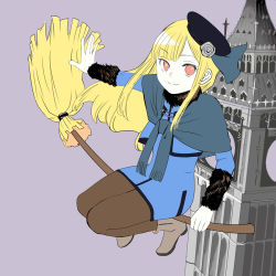 Rule 34 | 1girl, black hat, blonde hair, boots, broom, broom riding, brown pantyhose, capelet, closed mouth, dress, elizabeth tower, fate (series), full body, gloves, hat, long hair, long sleeves, looking at viewer, lord el-melloi ii case files, pantyhose, red eyes, reines el-melloi archisorte, ribbon, satou usuzuku, smile, solo