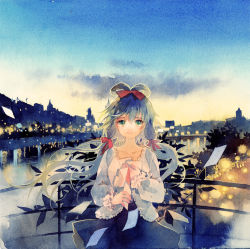 Rule 34 | 1girl, blurry, bow, bridge, calligraphy pen (medium), city, city lights, collarbone, crying, crying with eyes open, depth of field, envelope, green eyes, hair bow, letter, long hair, looking at viewer, luo tianyi, painting (medium), reflection, rei (456789io), scenery, skirt, smile, solo, tears, traditional media, tree, twilight, vocaloid, vocanese, water, watercolor (medium), wind