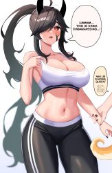 Rule 34 | absurdly long hair, absurdres, ahoge, arm grab, bare shoulders, black hair, black nails, black pants, blush, borrowed character, bra, breasts, cleavage, collarbone, cowboy shot, english text, facial tattoo, gudanco (nyanmeowzer), hair over one eye, highres, horns, kory gardentale, large breasts, linea alba, long hair, midriff, navel, open mouth, original, pants, ponytail, red eyes, shiny skin, sidelocks, simple background, solo focus, speech bubble, sports bra, strap pull, sweat, swept bangs, tattoo, track pants, underwear, very long hair, white background, white bra